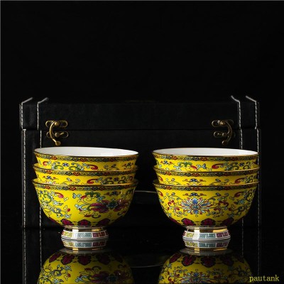 Jingdezhen enamel color Chinese bone china bowl household dinner bowl 5-inch high foot rice large ceramic porridge gift box