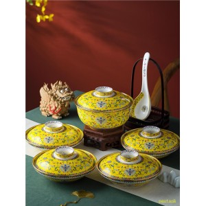 Jingdezhen enamel color tableware set, porcelain, four dishes and one soup, ceramic dishes and dishes, soup bowl with cover