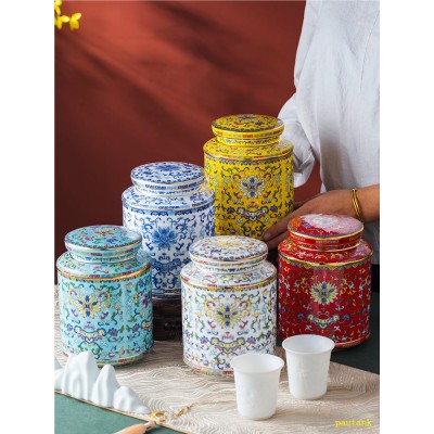 Jingdezhen enamel painted ceramic tea pot metal cover sealed pot storage bucket size travel tea set packaging